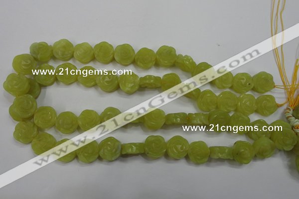 CFG887 15.5 inches 14mm carved flower lemon jade gemstone beads