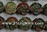 CFG891 15.5 inches 14mm carved flower unakite gemstone beads