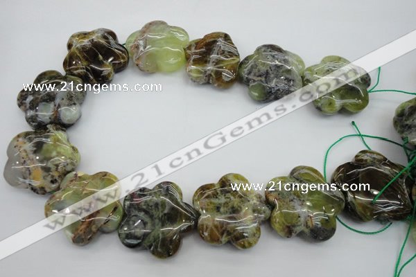 CFG935 15.5 inches 32*33mm carved flower yellow & green opal beads