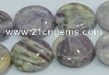 CFJ01 15.5 inches 20mm flat round natural purple flower stone beads