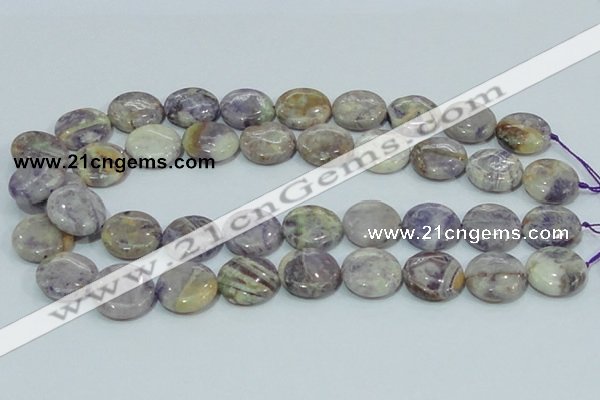 CFJ01 15.5 inches 20mm flat round natural purple flower stone beads