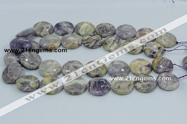 CFJ02 15.5 inches 25mm flat round natural purple flower stone beads