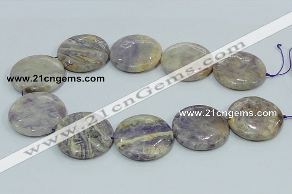 CFJ04 15.5 inches 40mm flat round natural purple flower stone beads