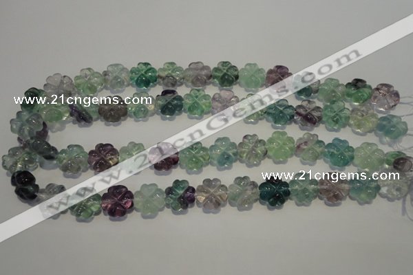 CFL493 15.5 inches 15mm carved flower natural fluorite beads