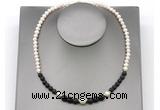 CFN121 potato white freshwater pearl & black lava necklace, 16 - 24 inches