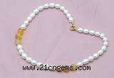 CFN307 Rice white freshwater pearl & yellow banded agate necklace, 16 - 24 inches