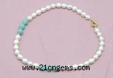 CFN314 9 - 10mm rice white freshwater pearl & amazonite necklace wholesale