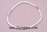 CFN318 9 - 10mm rice white freshwater pearl & morganite necklace wholesale