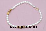 CFN319 9 - 10mm rice white freshwater pearl & golden tiger eye necklace wholesale