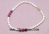 CFN320 9 - 10mm rice white freshwater pearl & red tiger eye necklace wholesale