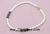 CFN323 9 - 10mm rice white freshwater pearl & smoky quartz necklace wholesale