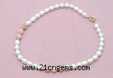 CFN324 9 - 10mm rice white freshwater pearl & pink opal necklace wholesale