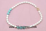 CFN326 9 - 10mm rice white freshwater pearl & blue howlite necklace wholesale