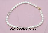 CFN331 9 - 10mm rice white freshwater pearl & white crystal necklace wholesale