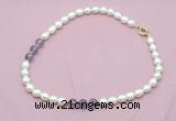 CFN332 9 - 10mm rice white freshwater pearl & amethyst necklace wholesale