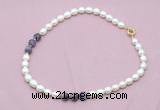 CFN333 9 - 10mm rice white freshwater pearl & dogtooth amethyst necklace wholesale