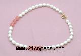 CFN334 9 - 10mm rice white freshwater pearl & cherry quartz necklace wholesale