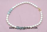 CFN335 9 - 10mm rice white freshwater pearl & aquamarine necklace wholesale
