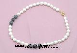 CFN341 9 - 10mm rice white freshwater pearl & eagle eye jasper necklace wholesale