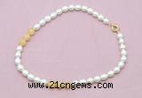 CFN342 9 - 10mm rice white freshwater pearl & honey jade necklace wholesale