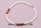 CFN344 9 - 10mm rice white freshwater pearl & red banded agate necklace wholesale