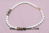 CFN347 9 - 10mm rice white freshwater pearl & unakite necklace wholesale
