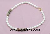 CFN347 9 - 10mm rice white freshwater pearl & unakite necklace wholesale