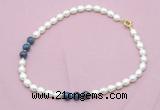 CFN351 9 - 10mm rice white freshwater pearl & dumortierite necklace wholesale