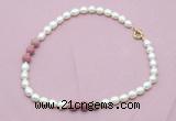 CFN353 9 - 10mm rice white freshwater pearl & pink wooden jasper necklace wholesale