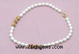 CFN355 9 - 10mm rice white freshwater pearl & picture jasper necklace wholesale