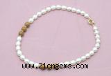 CFN356 9 - 10mm rice white freshwater pearl & wooden jasper necklace wholesale