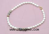 CFN357 9 - 10mm rice white freshwater pearl & serpentine jasper necklace wholesale