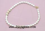 CFN359 9 - 10mm rice white freshwater pearl & white fossil jasper necklace wholesale