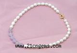 CFN401 9-10mm rice white freshwater pearl & lavender amethyst necklace
