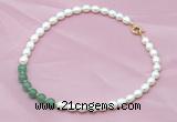 CFN402 9-10mm rice white freshwater pearl & green aventurine necklace