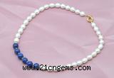 CFN403 9-10mm rice white freshwater pearl & lapis lazuli necklace