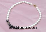 CFN408 9-10mm rice white freshwater pearl & black banded agate necklace