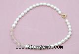 CFN414 9 - 10mm rice white freshwater pearl & rose quartz necklace