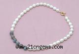 CFN418 9 - 10mm rice white freshwater pearl & labradorite necklace