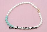 CFN421 9 - 10mm rice white freshwater pearl & amazonite necklace