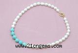 CFN422 9 - 10mm rice white freshwater pearl & blue howlite necklace wholesale