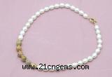 CFN425 9 - 10mm rice white freshwater pearl & yellow crazy lace agate necklace