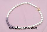 CFN432 9 - 10mm rice white freshwater pearl & amethyst gemstone necklace