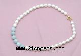 CFN435 9 - 10mm rice white freshwater pearl & aquamarine gemstone necklace