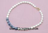 CFN450 9 - 10mm rice white freshwater pearl & blue spot stone necklace