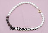 CFN454 9 - 10mm rice white freshwater pearl & brecciated jasper necklace