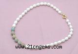 CFN457 9 - 10mm rice white freshwater pearl & serpentine jasper necklace