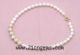 CFN459 9 - 10mm rice white freshwater pearl & white fossil jasper necklace