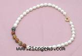 CFN460 9 - 10mm rice white freshwater pearl & picasso jasper necklace