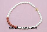CFN461 9 - 10mm rice white freshwater pearl & red jasper gemstone necklace